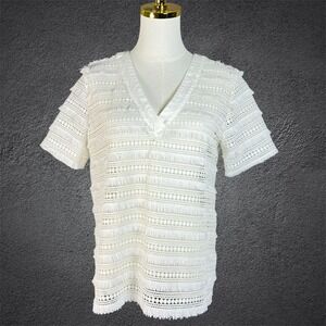 Waverly Grey White Crochet Fringe V-Neck Short Sleeve Top Women's Size S